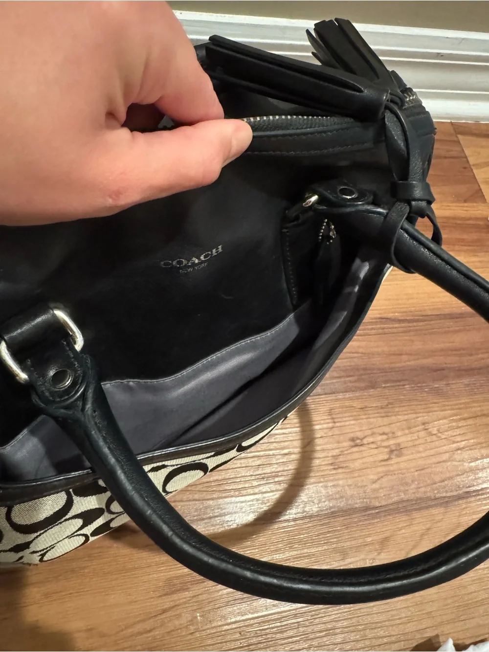 Coach Signature Canvas Satchel in Black and Ivory with Tassel